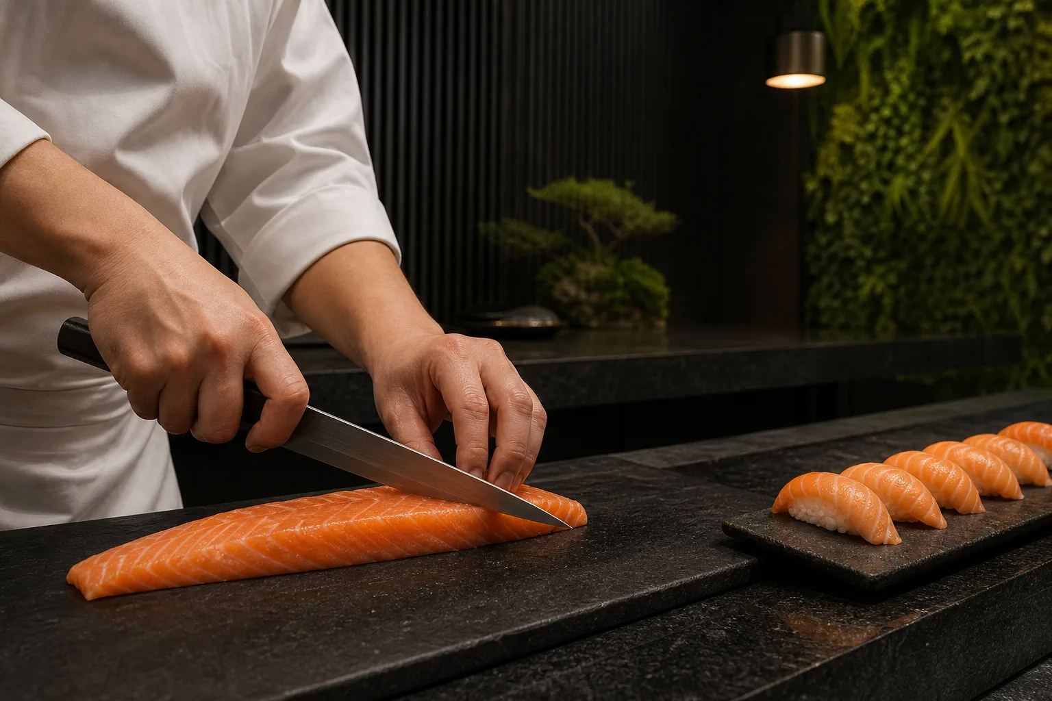 Sushi-Koch schneidet frischen Lachs