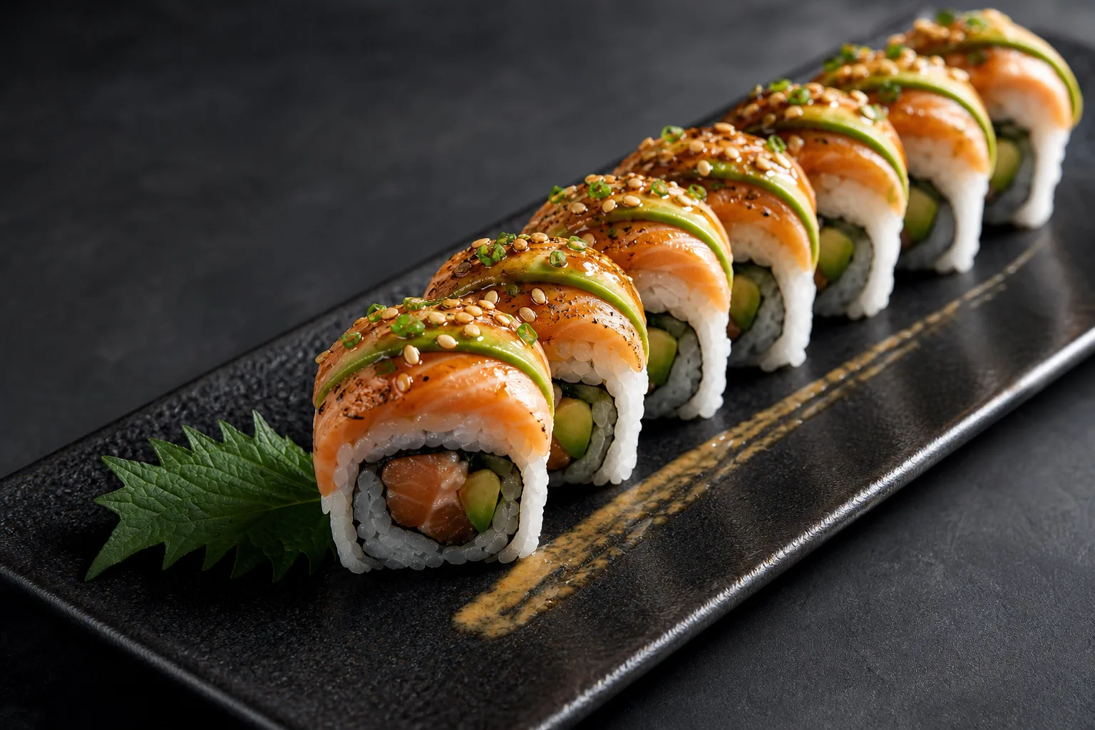 Flambierte Lachs-Avocado-Rolle auf dunklem Stein